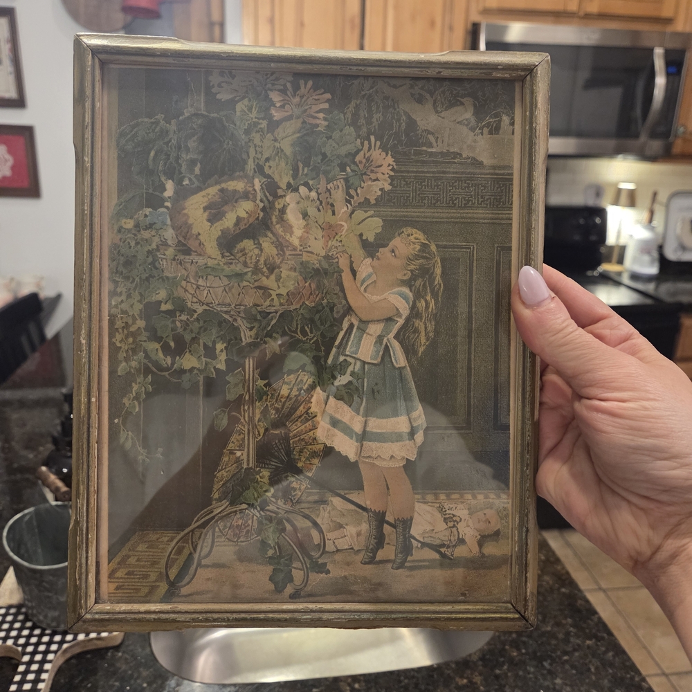Unique Vintage Gold and Green Victorian Girl Illustration Frame